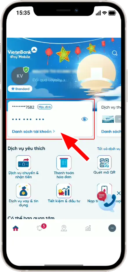 Bước 1: Tại trang chủ » Chọn "Tài khoản"